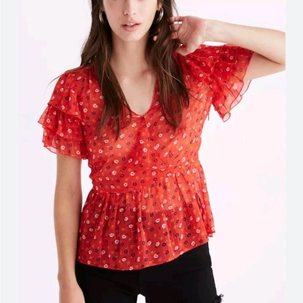 Madewell Tiered-Sleeve Peplum Top‎ in Metallic Prairie Posies Red Ruffle Sleeve